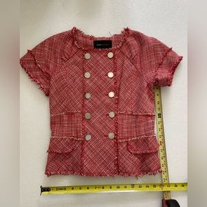 BCBG Maxazria Tweed Jacket S Red & White Short Sleeved Top Raw Edges. Pockets